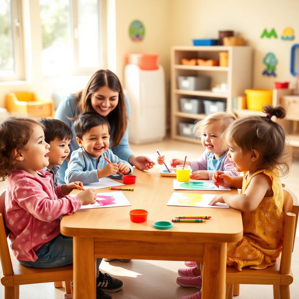 Smiling toddlers painting at a small table with their teacher
