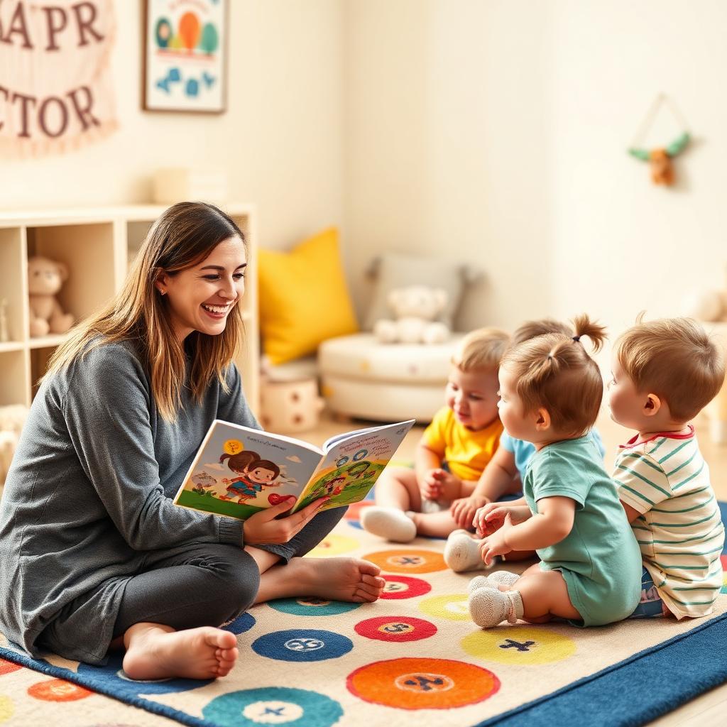 Teacher reading a picture book to happy toddlers on a colorful rug